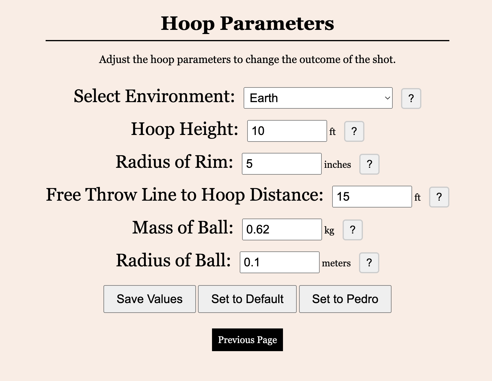 environment and ball settings panel